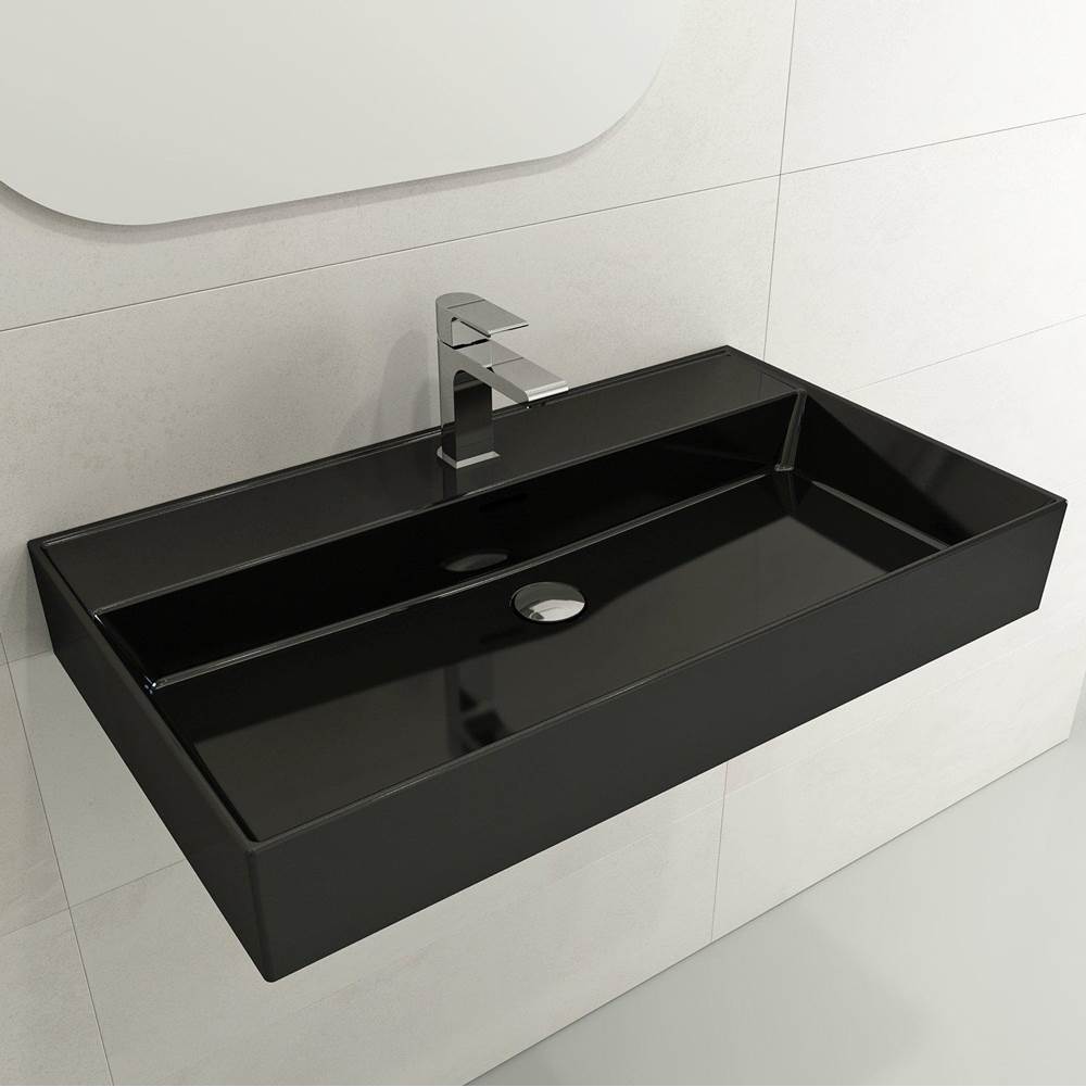 BOCCHI - Milano Wall-Mounted Sink Fireclay 32 in. 1-Hole with Overflow in Black - Black