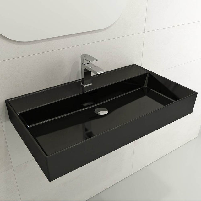 BOCCHI - Milano Wall-Mounted Sink Fireclay 32 in. 1-Hole with Overflow in Black - Black