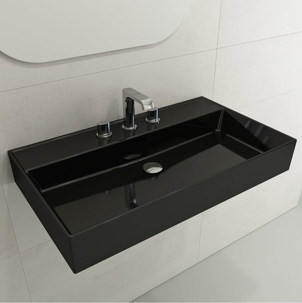 BOCCHI - Milano Wall-Mounted Sink Fireclay 32 in. 3-Hole with Overflow in Black - Black
