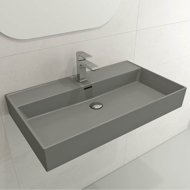 BOCCHI - Milano Wall-Mounted Sink Fireclay 32 in. 1-Hole with Overflow in Matte Gray - Matte Gray