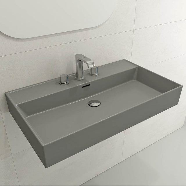 BOCCHI - Milano Wall-Mounted Sink Fireclay 32 in. 3-Hole with Overflow in Matte Gray - Matte Gray
