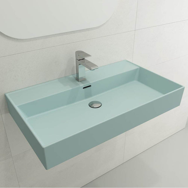 BOCCHI - Milano Wall-Mounted Sink Fireclay 32 in. 1-Hole with Overflow in Matte Ice Blue - Matte Ice Blue