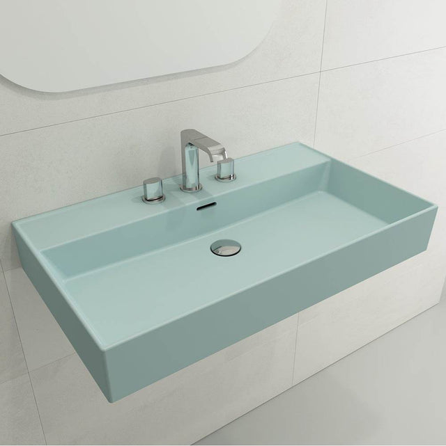 BOCCHI - Milano Wall-Mounted Sink Fireclay 32 in. 3-Hole with Overflow in Matte Ice Blue - Matte Ice Blue
