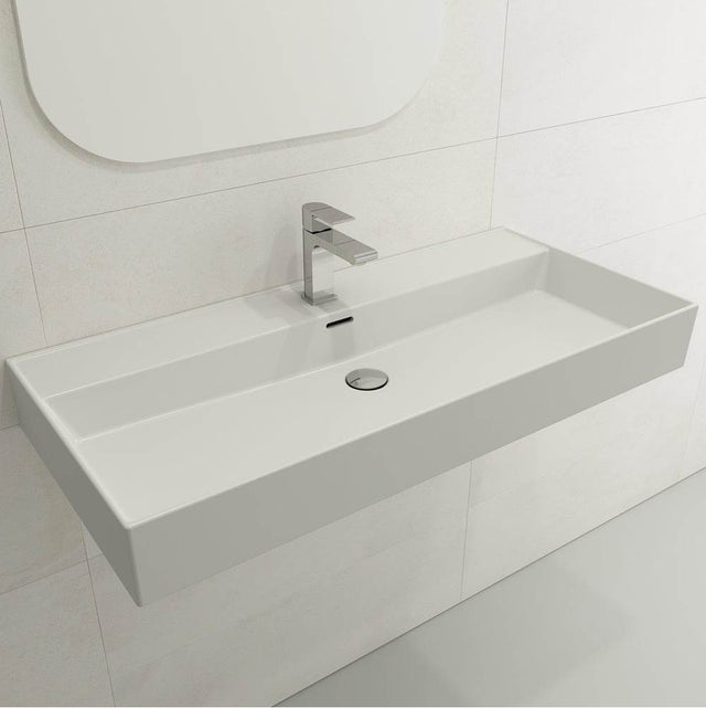 BOCCHI - Milano Wall-Mounted Sink Fireclay 39.75 in. 1-Hole with Overflow in Matte White - Matte White
