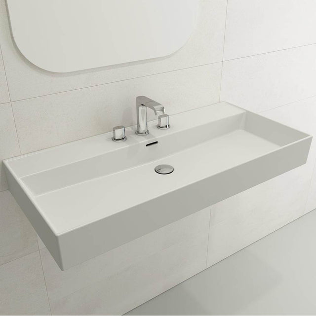BOCCHI - Milano Wall-Mounted Sink Fireclay 39.75 in. 3-Hole with Overflow in Matte White - Matte White