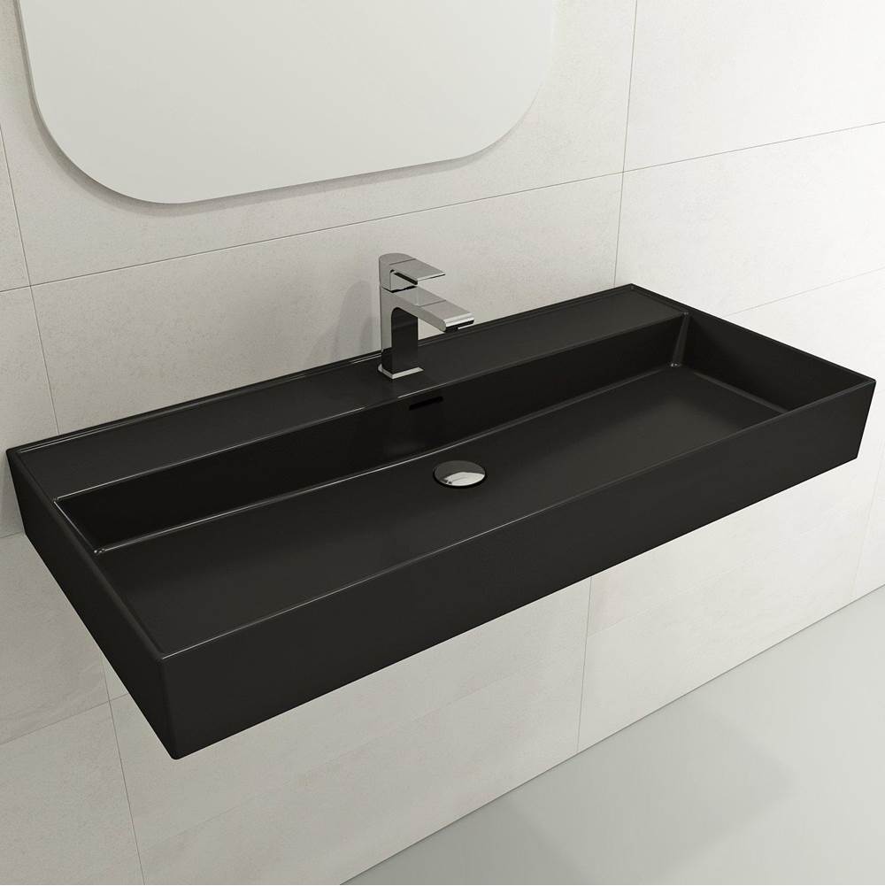 BOCCHI - Milano Wall-Mounted Sink Fireclay 39.75 in. 1-Hole with Overflow in Matte Black - Matte Black