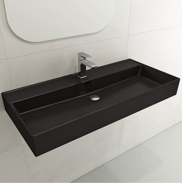 BOCCHI - Milano Wall-Mounted Sink Fireclay 39.75 in. 1-Hole with Overflow in Matte Black - Matte Black