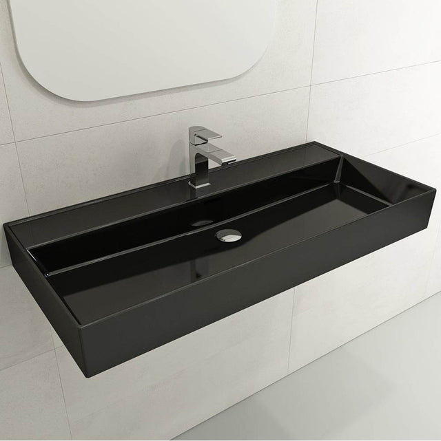 BOCCHI - Milano Wall-Mounted Sink Fireclay 39.75 in. 1-Hole with Overflow in Black - Black