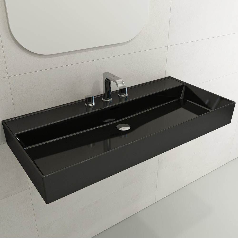 BOCCHI - Milano Wall-Mounted Sink Fireclay 39.75 in. 3-Hole with Overflow in Black - Black