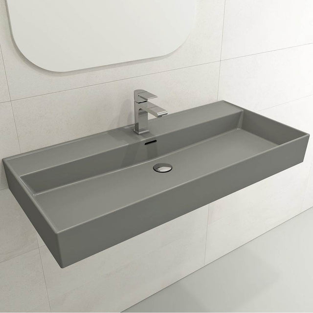 BOCCHI - Milano Wall-Mounted Sink Fireclay 39.75 in. 1-Hole with Overflow in Matte Gray - Matte Gray