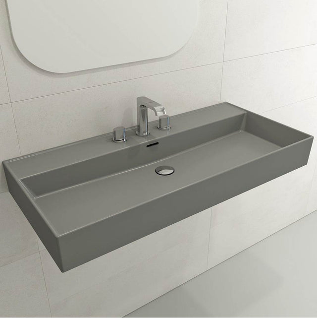 BOCCHI - Milano Wall-Mounted Sink Fireclay 39.75 in. 3-Hole with Overflow in Matte Gray - Matte Gray