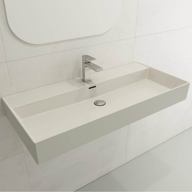 BOCCHI - Milano Wall-Mounted Sink Fireclay 39.75 in. 1-Hole with Overflow in Biscuit - Biscuit