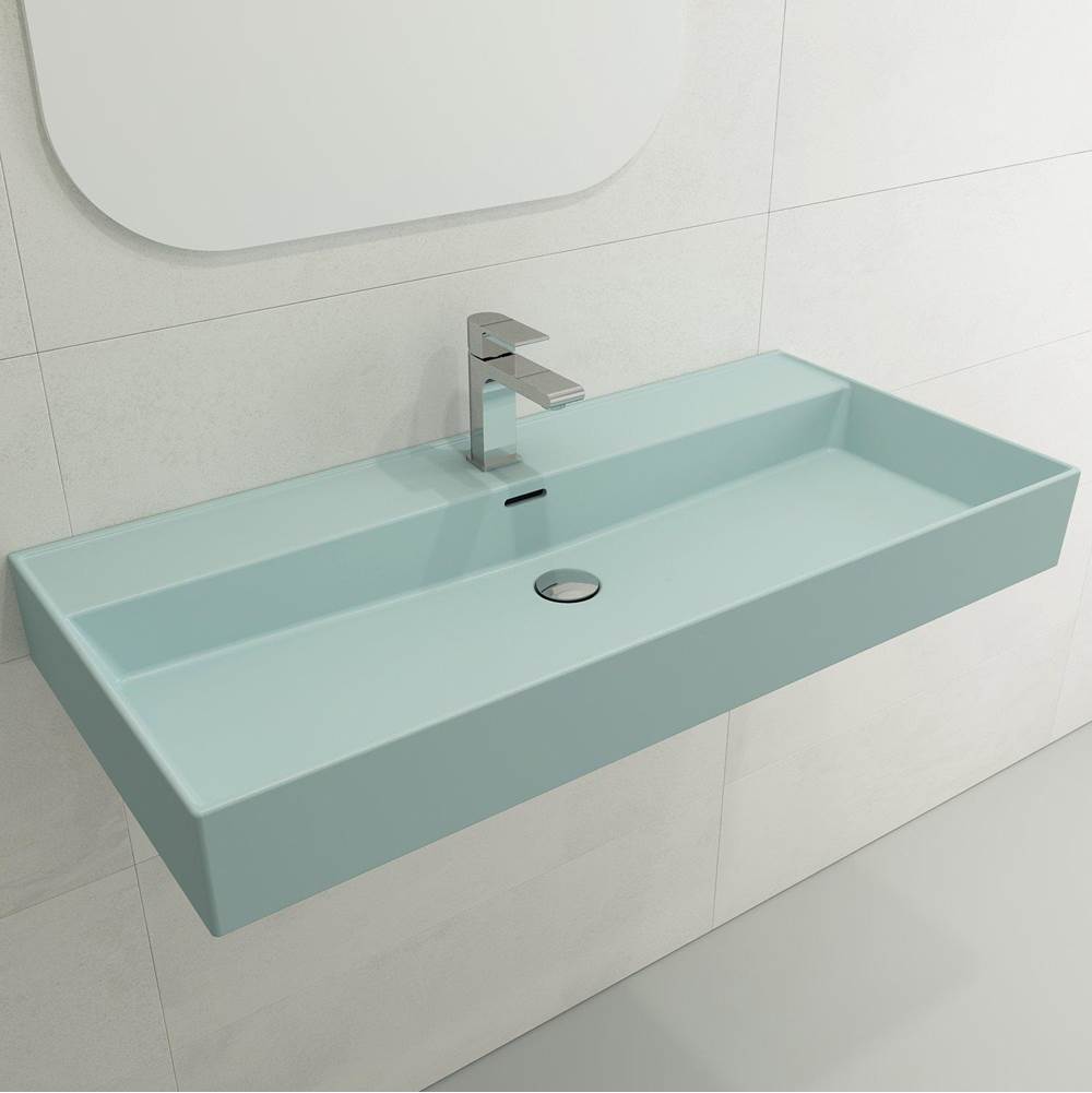 BOCCHI - Milano Wall-Mounted Sink Fireclay 39.75 in. 1-Hole with Overflow in Matte Ice Blue - Matte Ice Blue