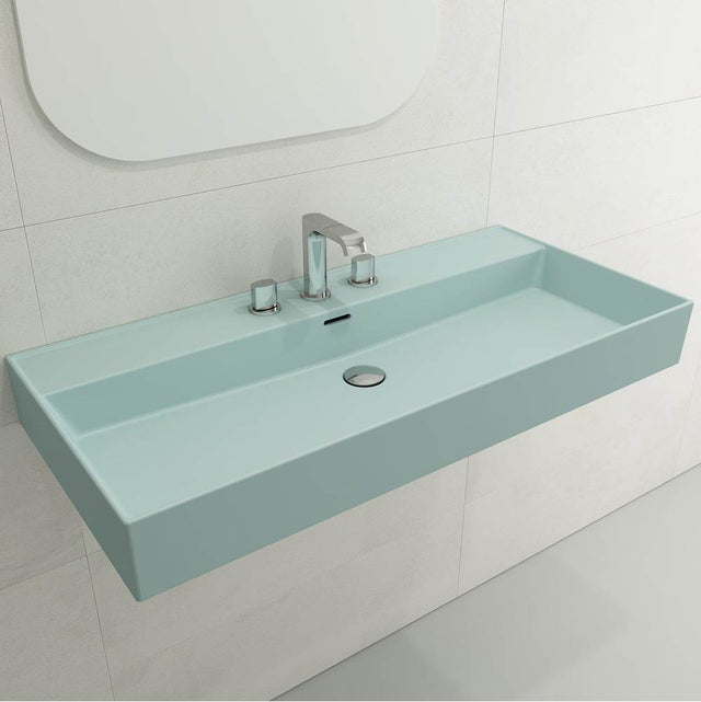 BOCCHI - Milano Wall-Mounted Sink Fireclay 39.75 in. 3-Hole with Overflow in Matte Ice Blue - Matte Ice Blue