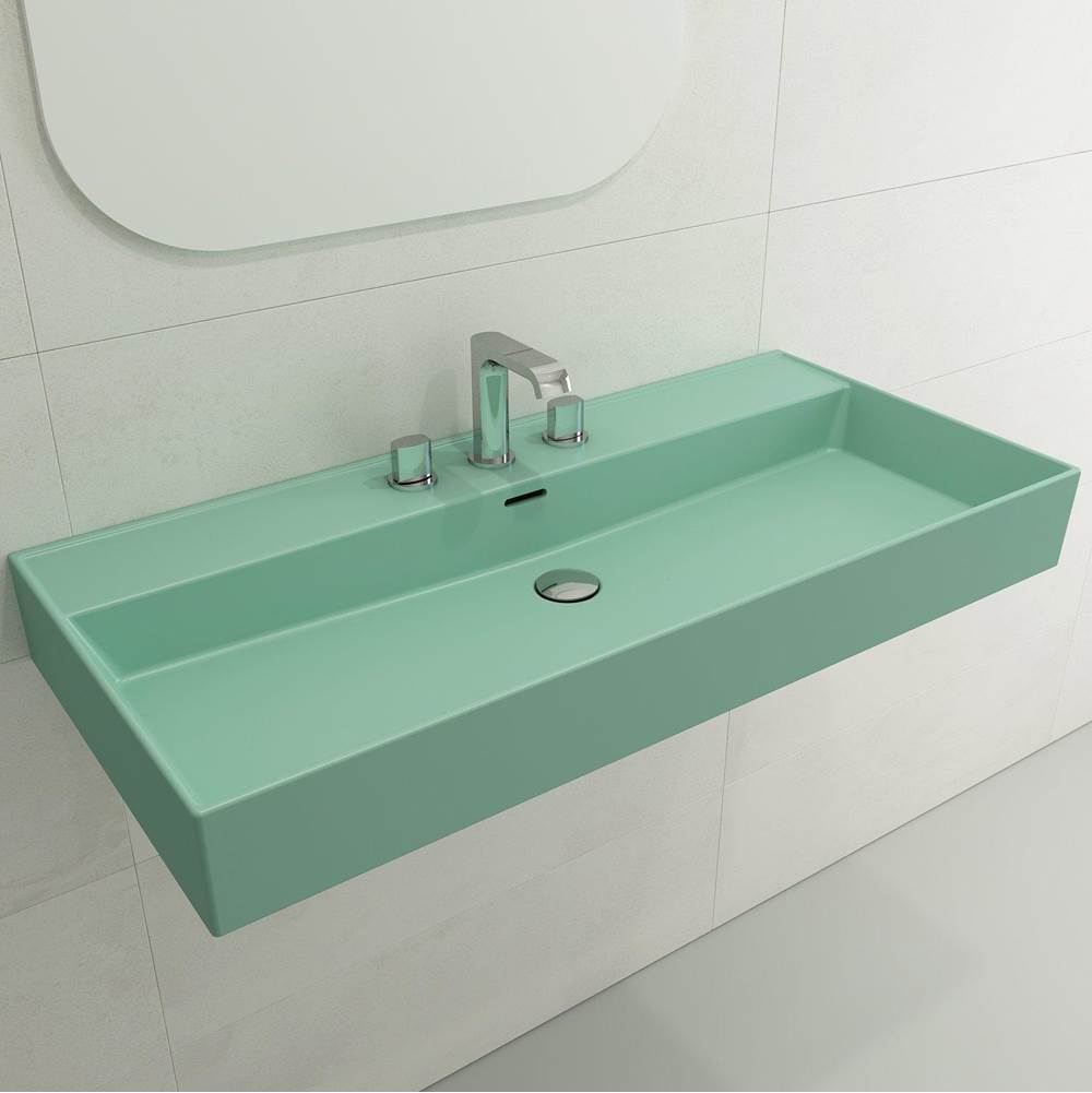 BOCCHI - Milano Wall-Mounted Sink Fireclay 39.75 in. 3-Hole with Overflow in Matte Mint Green - Matte Mint Green