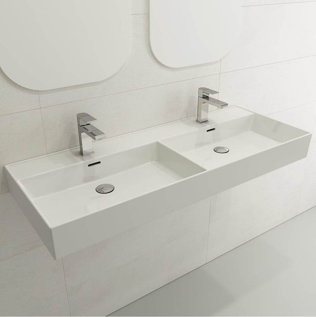 BOCCHI - Milano Wall-Mounted Sink Fireclay  47.75 in. Double Bowl for Two 1-Hole Faucets with Overflows in White - White