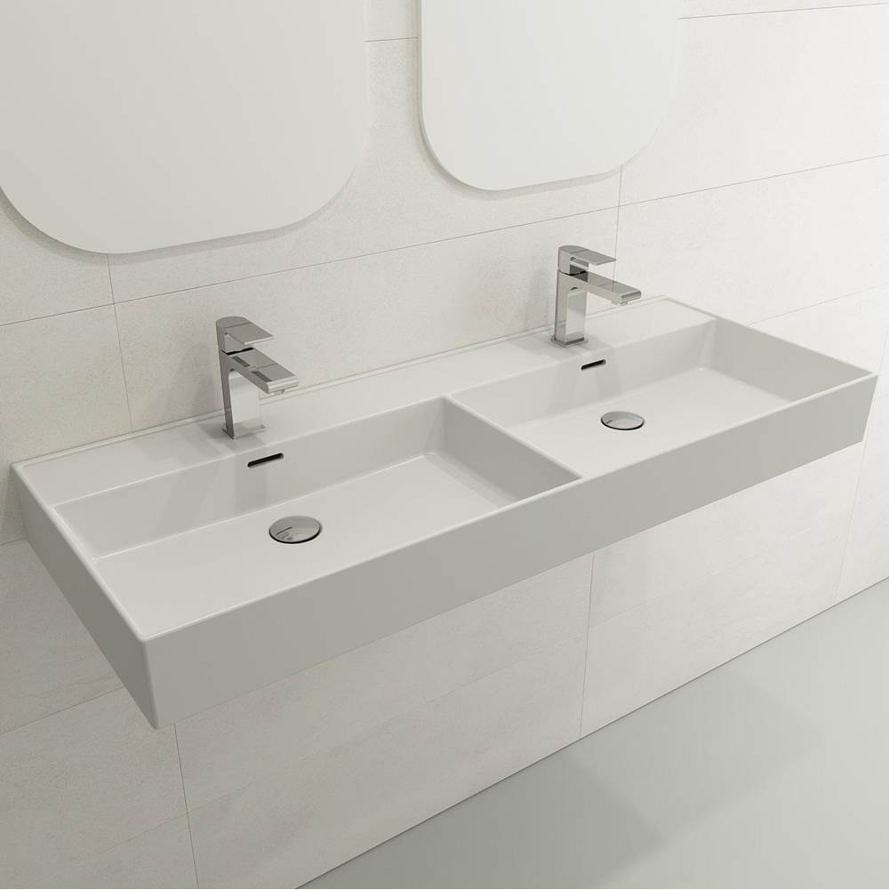 BOCCHI - Milano Wall-Mounted Sink Fireclay  47.75 in. Double Bowl for Two 1-Hole Faucets with Overflows in Matte White - Matte White