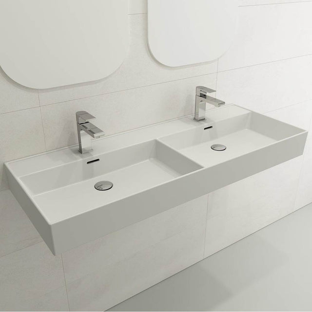 BOCCHI - Milano Wall-Mounted Sink Fireclay  47.75 in. Double Bowl for Two 1-Hole Faucets with Overflows in Matte White - Matte White