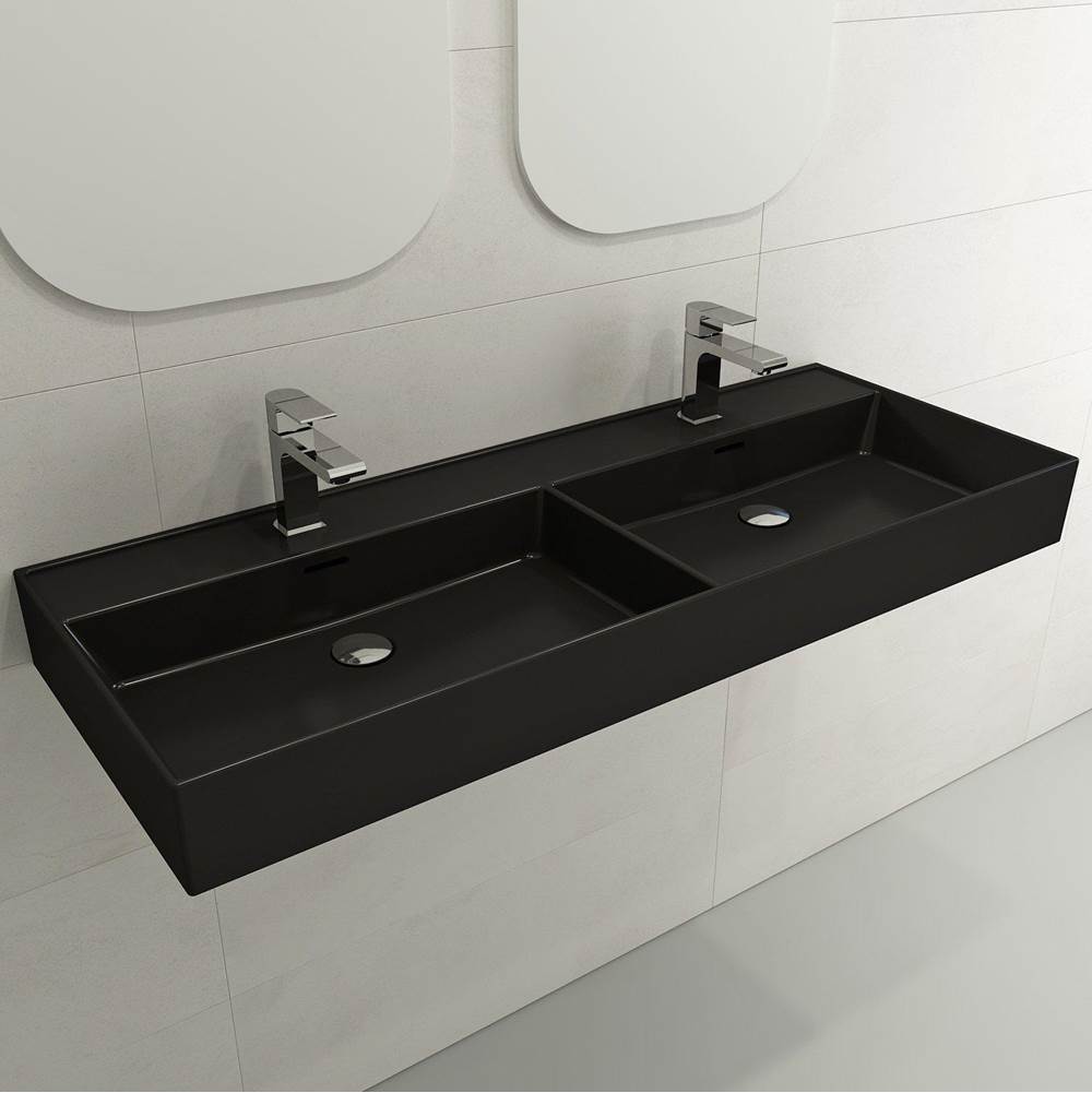 BOCCHI - Milano Wall-Mounted Sink Fireclay  47.75 in. Double Bowl for Two 1-Hole Faucets with Overflows in Matte Black - Matte Black