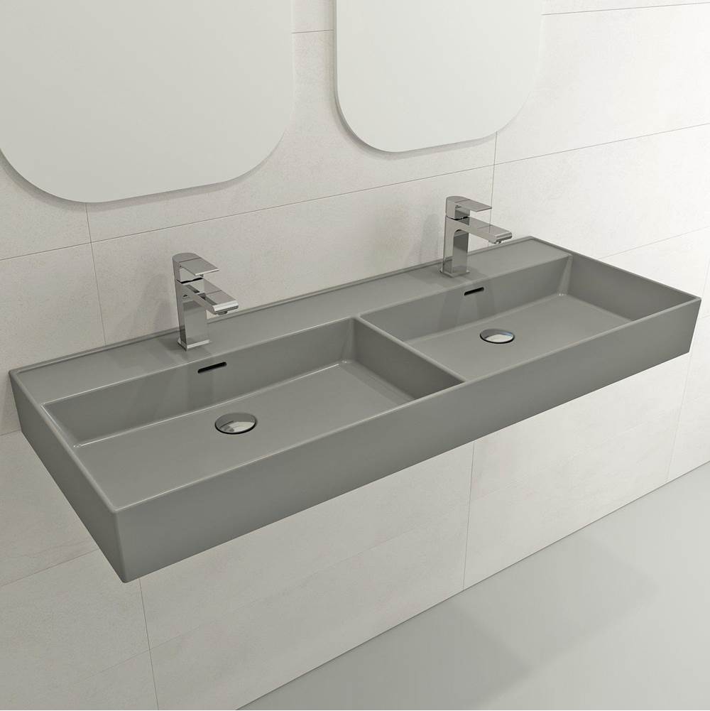 BOCCHI - Milano Wall-Mounted Sink Fireclay  47.75 in. Double Bowl for Two 1-Hole Faucets with Overflows in Matte Gray - Matte Gray