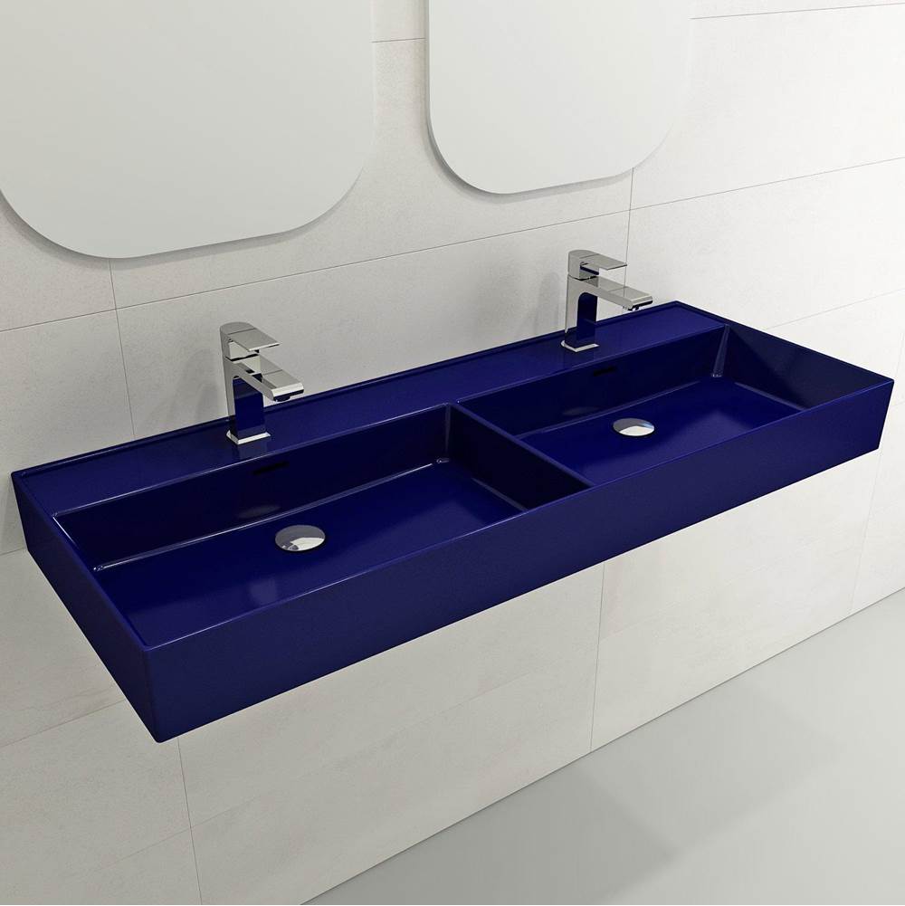 BOCCHI - Milano Wall-Mounted Sink Fireclay  47.75 in. Double Bowl for Two 1-Hole Faucets with Overflows in Sapphire Blue - Sapphire Blue