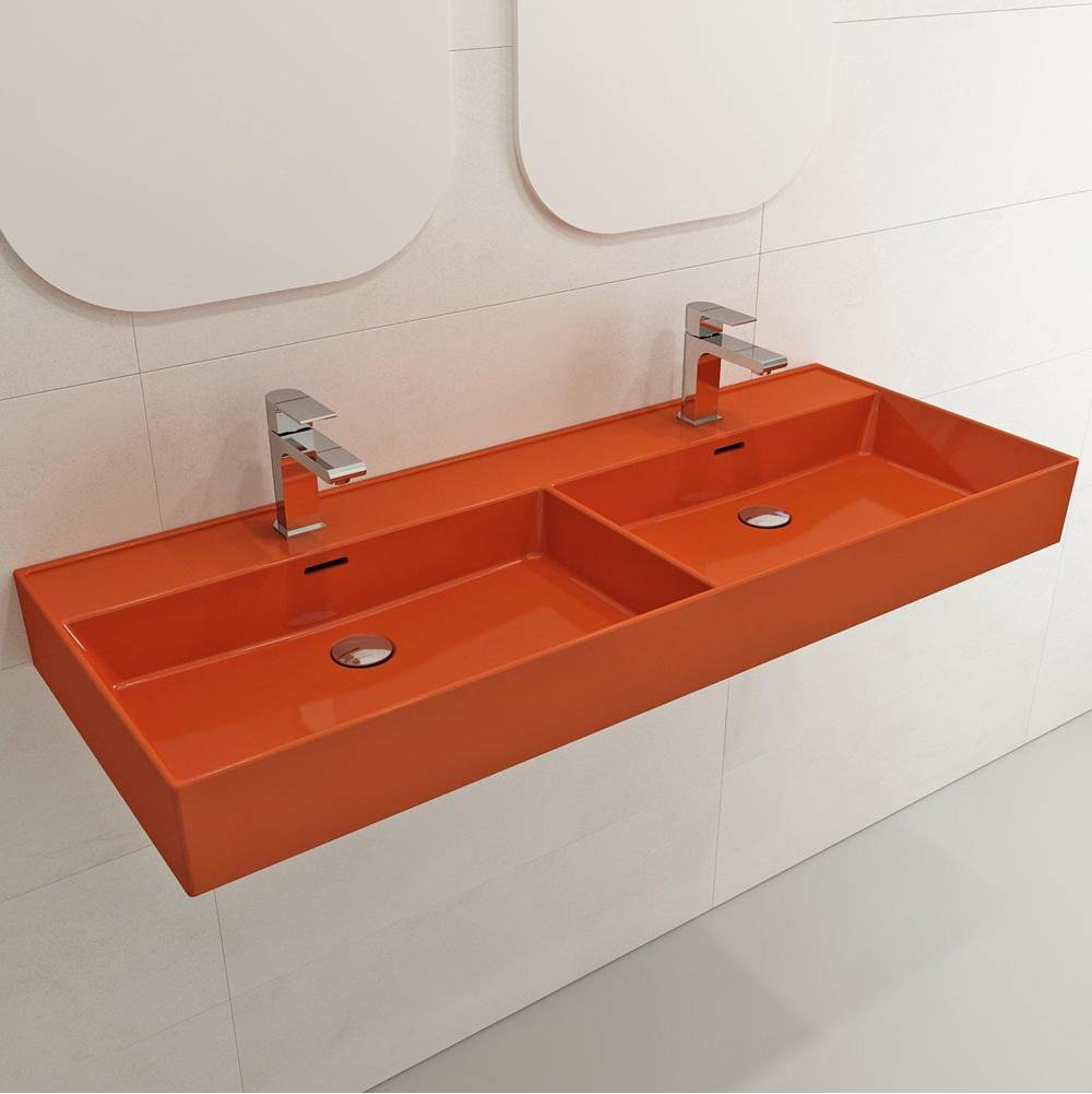 BOCCHI - Milano Wall-Mounted Sink Fireclay  47.75 in. Double Bowl for Two 1-Hole Faucets with Overflows in Orange - Orange