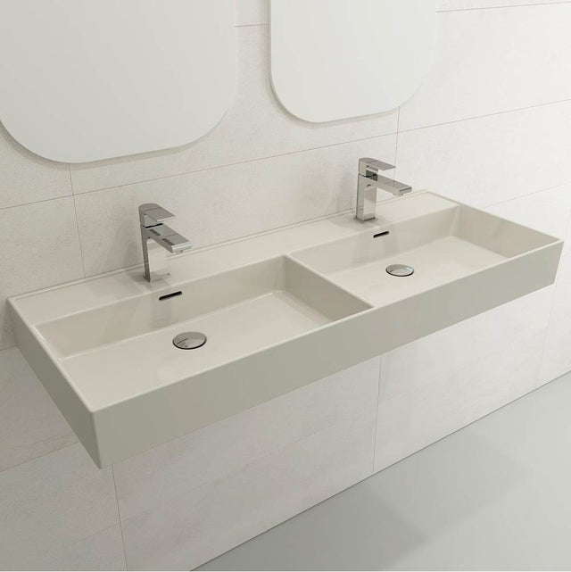 BOCCHI - Milano Wall-Mounted Sink Fireclay  47.75 in. Double Bowl for Two 1-Hole Faucets with Overflows in Biscuit - Biscuit