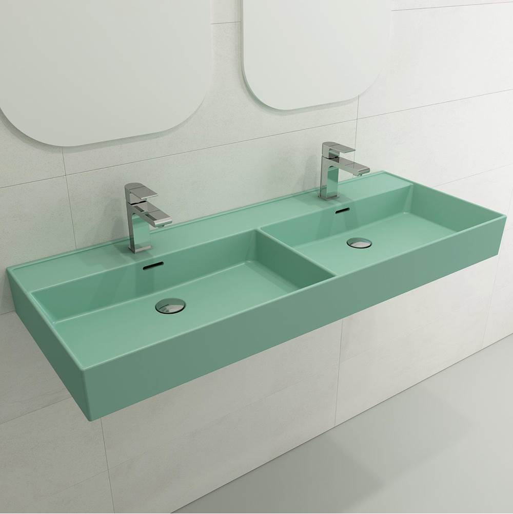 BOCCHI - Milano Wall-Mounted Sink Fireclay  47.75 in. Double Bowl for Two 1-Hole Faucets with Overflows in Matte Mint Green - Matte Mint Green