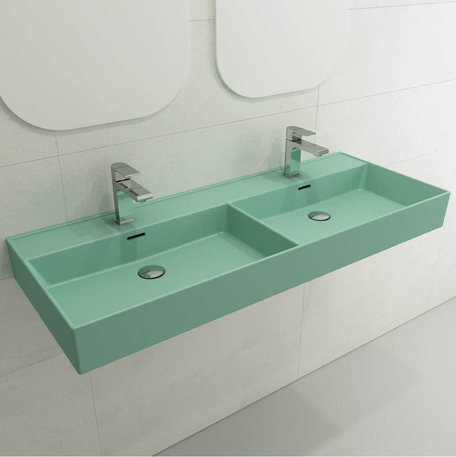 BOCCHI - Milano Wall-Mounted Sink Fireclay  47.75 in. Double Bowl for Two 1-Hole Faucets with Overflows in Matte Mint Green - Matte Mint Green