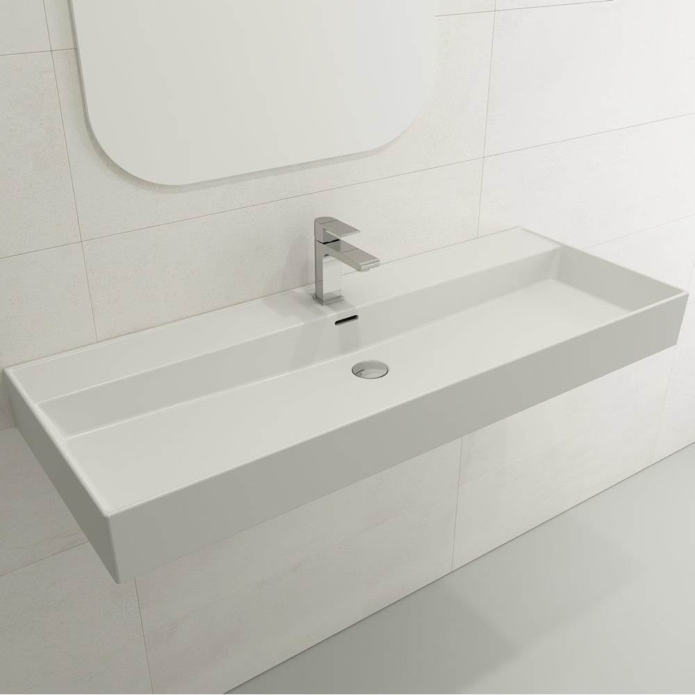 BOCCHI - Milano Wall-Mounted Sink Fireclay 47.75 in. 1-Hole with Overflow in Matte White - Matte White