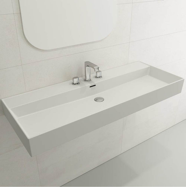 BOCCHI - Milano Wall-Mounted Sink Fireclay 47.75 in. 3-Hole with Overflow in Matte White - Matte White