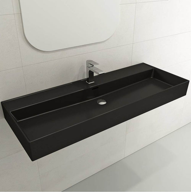 BOCCHI - Milano Wall-Mounted Sink Fireclay 47.75 in. 1-Hole with Overflow in Matte Black - Matte Black