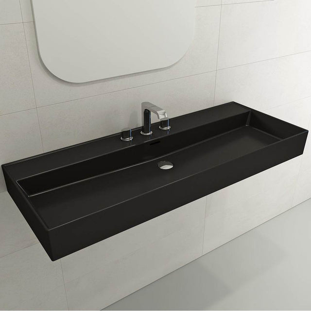 BOCCHI - Milano Wall-Mounted Sink Fireclay 47.75 in. 3-Hole with Overflow in Matte Black - Matte Black
