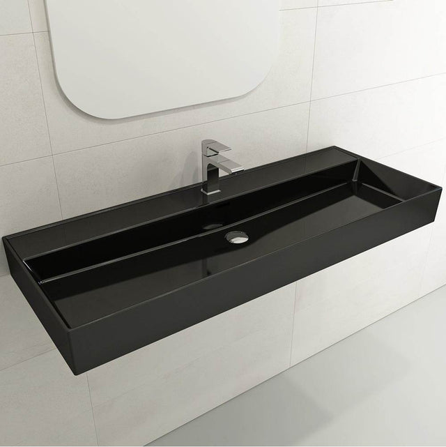 BOCCHI - Milano Wall-Mounted Sink Fireclay 47.75 in. 1-Hole with Overflow in Black - Black