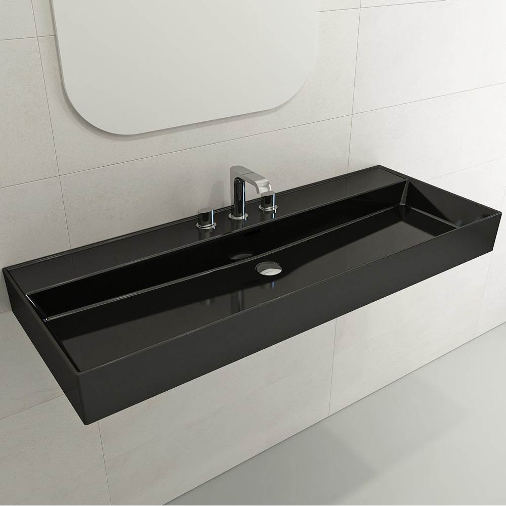BOCCHI - Milano Wall-Mounted Sink Fireclay 47.75 in. 3-Hole with Overflow in Black - Black