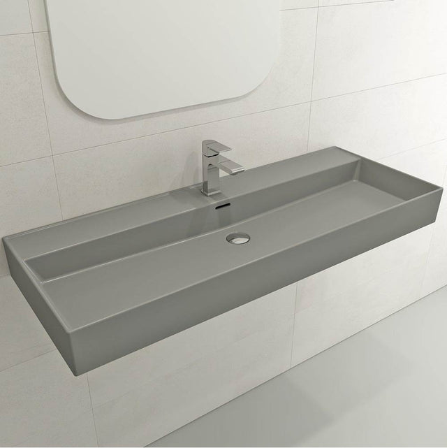 BOCCHI - Milano Wall-Mounted Sink Fireclay 47.75 in. 1-Hole with Overflow in Matte Gray - Matte Gray