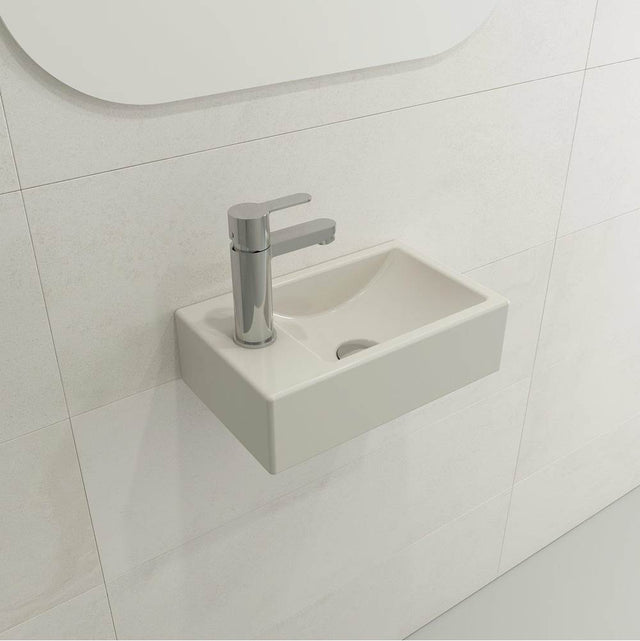 BOCCHI - Milano Wall-Mounted Sink Fireclay 14.5 in. 1-hole Right Side Faucet Deck with Overflow in Biscuit - Biscuit
