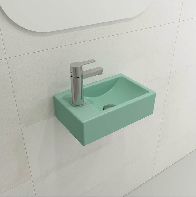 BOCCHI - Milano Wall-Mounted Sink Fireclay 14.5 in. 1-hole Right Side Faucet Deck  with Overflow in Matte Mint Green - Matte Mint Green