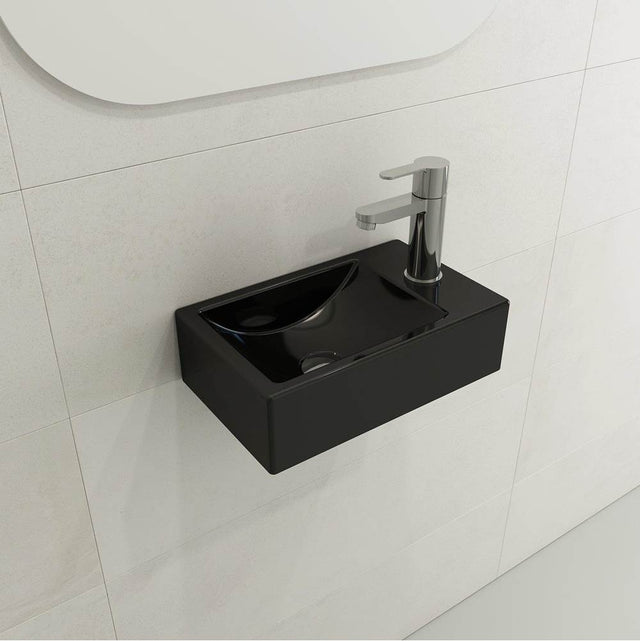 BOCCHI - Milano Wall-Mounted Sink Fireclay 14.5 in. 1-hole Left Side Faucet Deck with Overflow in Black - Black