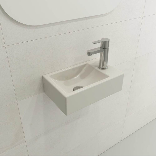 BOCCHI - Milano Wall-Mounted Sink Fireclay 14.5 in. 1-hole Left Side Faucet Deck with Overflow in Biscuit - Biscuit