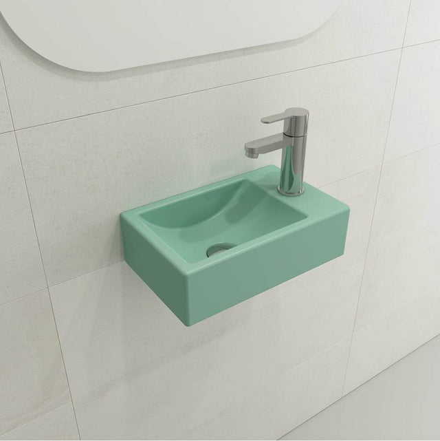 BOCCHI - Milano Wall-Mounted Sink Fireclay 14.5 in. 1-hole Left Side Faucet Deck  with Overflow in Matte Mint Green - Matte Mint Green