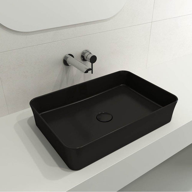 BOCCHI - Sottile Rectangle Vessel Fireclay 21.5 in. with Matching Drain Cover in Matte Black - Matte Black