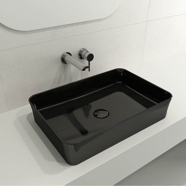 BOCCHI - Sottile Rectangle Vessel Fireclay 21.5 in. with Matching Drain Cover in Black - Black