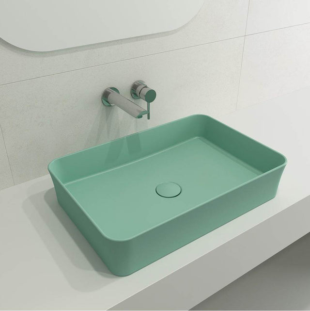 BOCCHI - Sottile Rectangle Vessel Fireclay 21.5 in. with Matching Drain Cover in Matte Mint Green - Matte Mint Green