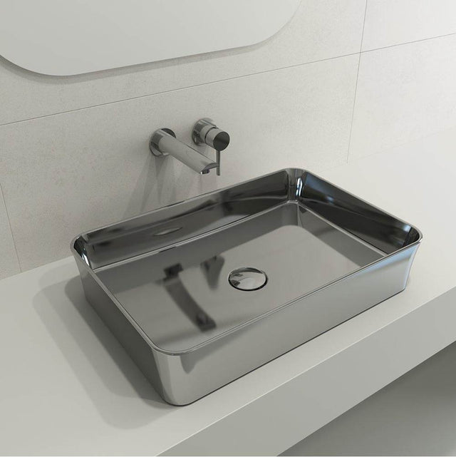 BOCCHI - Sottile Rectangle Vessel Fireclay 21.5 in. with Matching Drain Cover in Platinum - Platinum