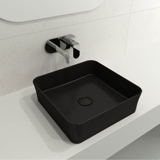 BOCCHI - Sottile Square Vessel Fireclay 15.25 in. with Matching Drain Cover in Matte Black - Matte Black