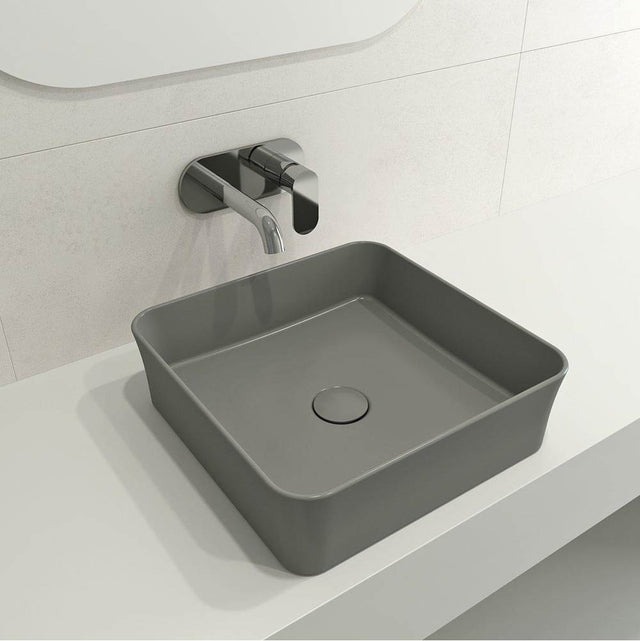 BOCCHI - Sottile Square Vessel Fireclay 15.25 in. with Matching Drain Cover in Matte Gray - Matte Gray