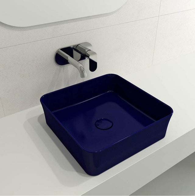 BOCCHI - Sottile Square Vessel Fireclay 15.25 in. with Matching Drain Cover in Sapphire Blue - Sapphire Blue