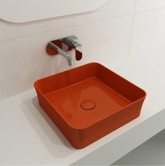 BOCCHI - Sottile Square Vessel Fireclay 15.25 in. with Matching Drain Cover in Orange - Orange