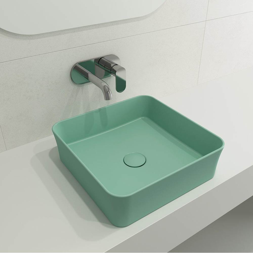 BOCCHI - Sottile Square Vessel Fireclay 15.25 in. with Matching Drain Cover in Matte Mint Green - Matte Mint Green